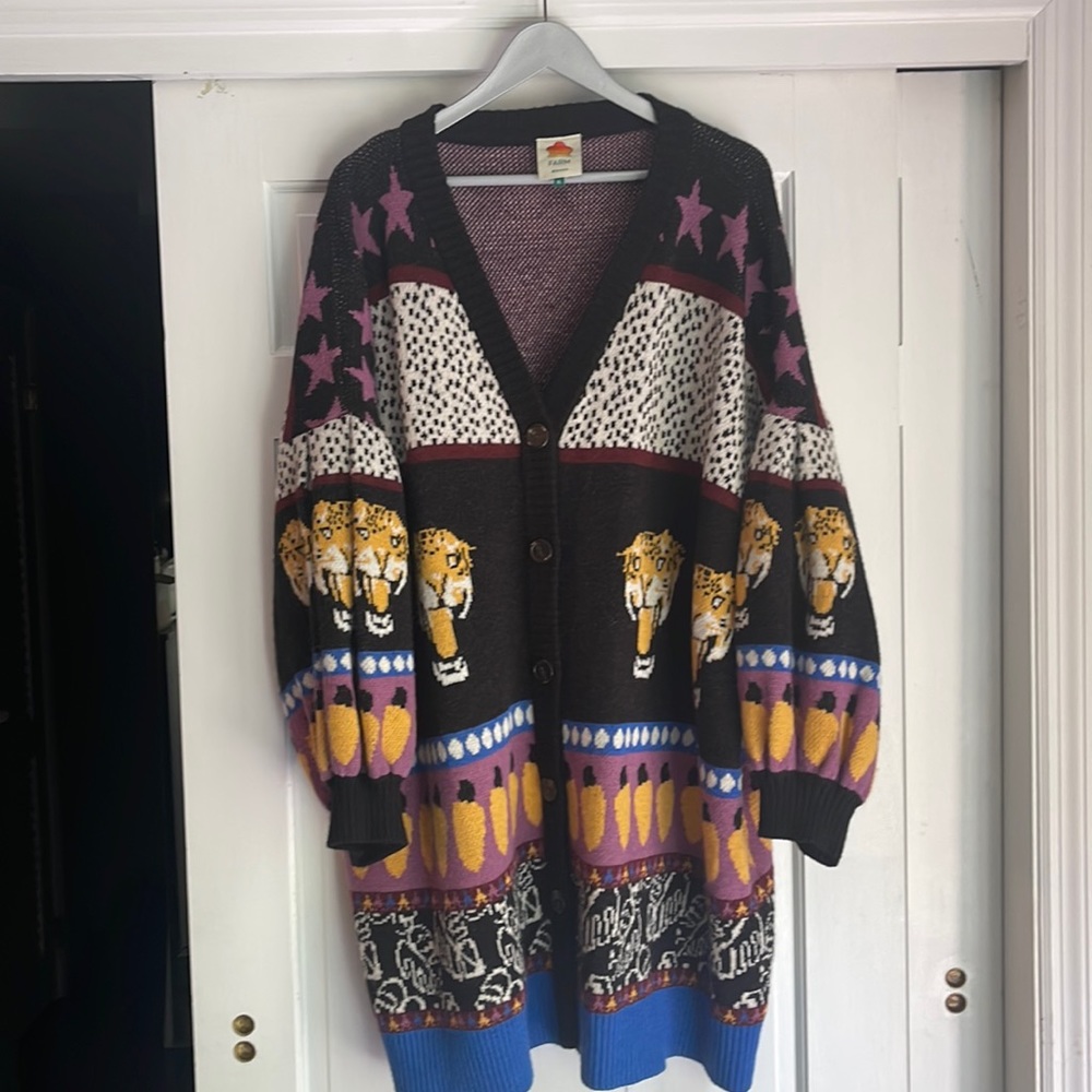 Farm Rio Leopard Head Sweater Coat Duster XL